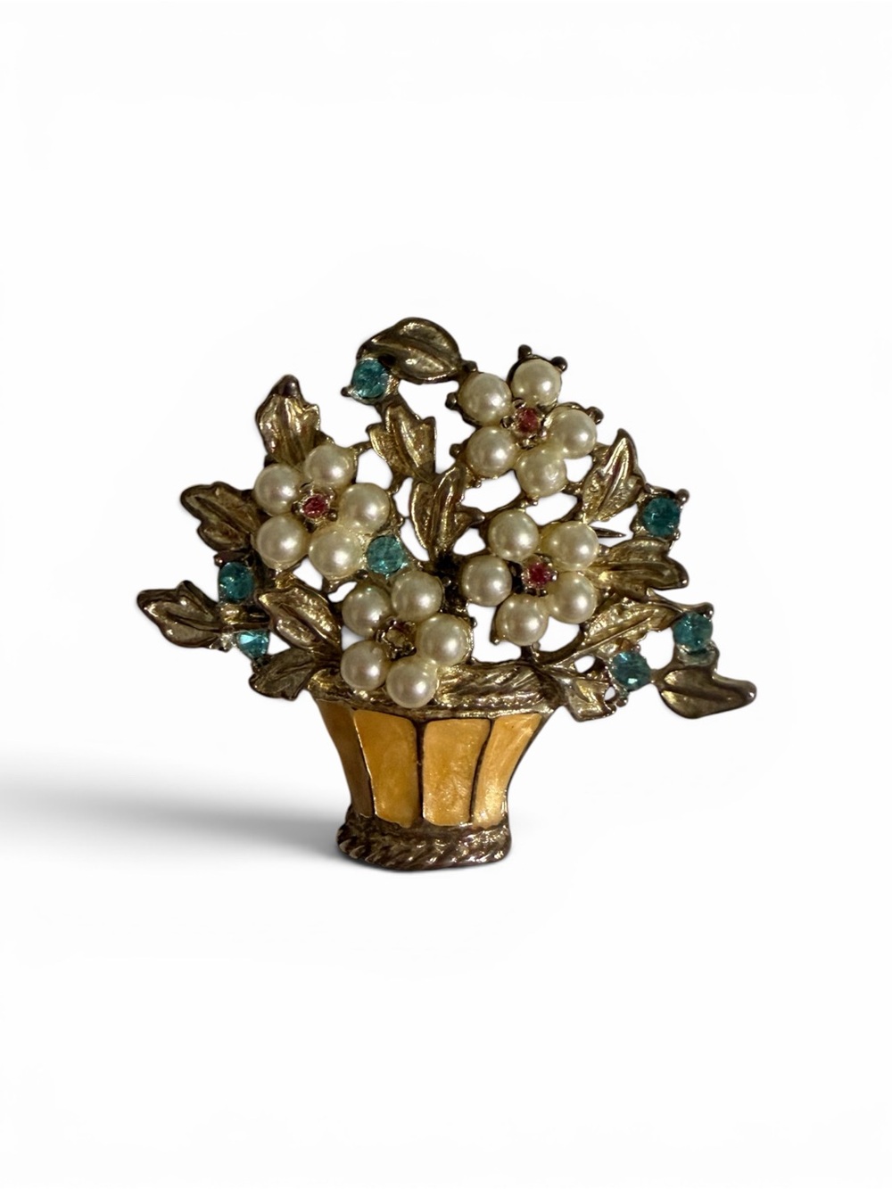 Vintage Gold-Tone Yellow Basket Floral Brooch with Pearls and Blue Stones